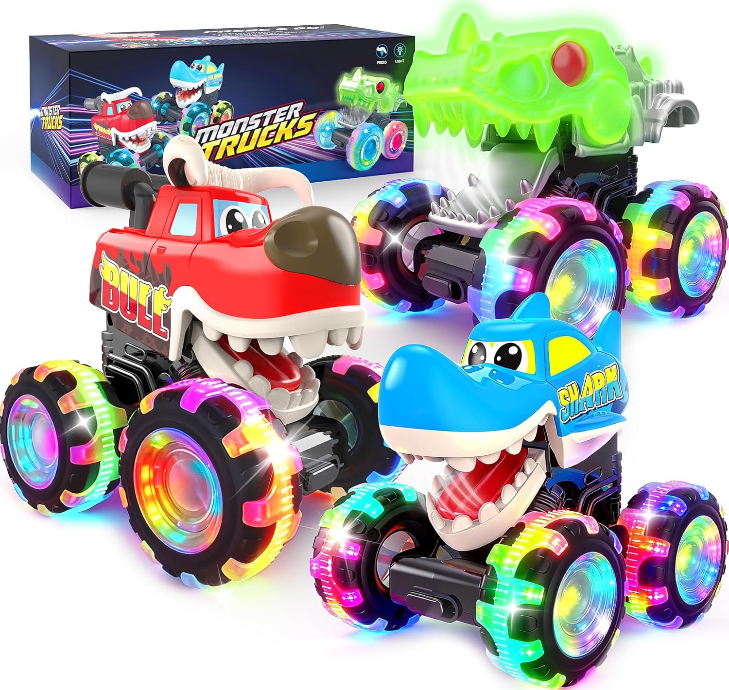 Monster Truck Toys, 3 Pack Light Up Cars for Toddlers, Baby Animal Toy Trucks Dino Cars with LED Lightning Wheels, Press & Go Car with Moving Mouth for Kids Boys Girls Christmas Birthday Gifts